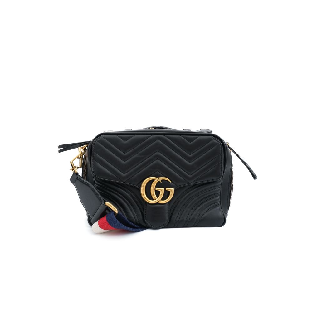 Gucci Black Leather Handbag with Gold GG Logo and Striped Strap